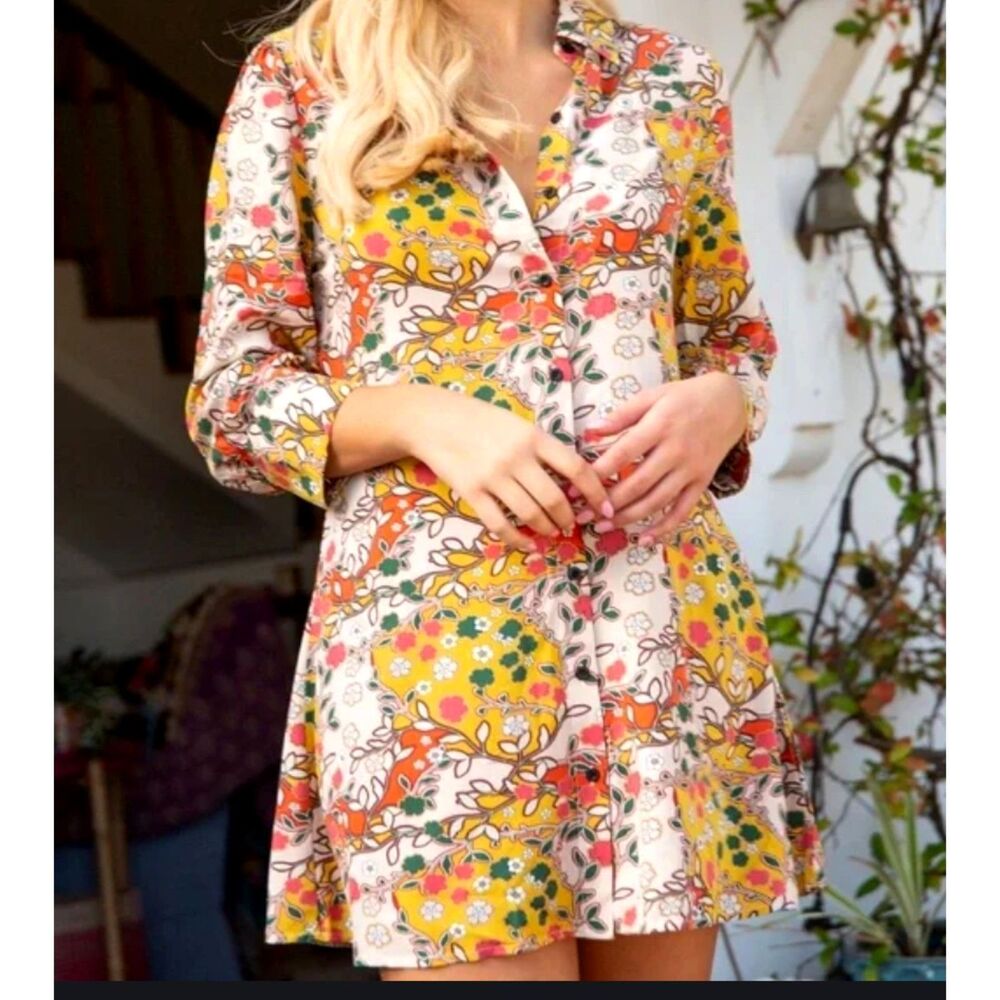NATURAL LIFE NWT szXL Shirt Dress Twiggy Short Button Up Yellow Boho 70's Hippie